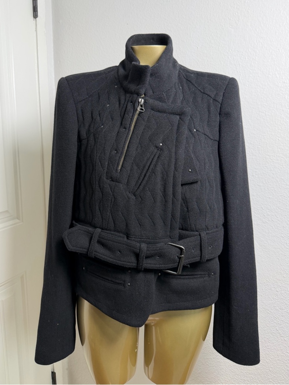 EDUN Black Quilted Belted Jacket L